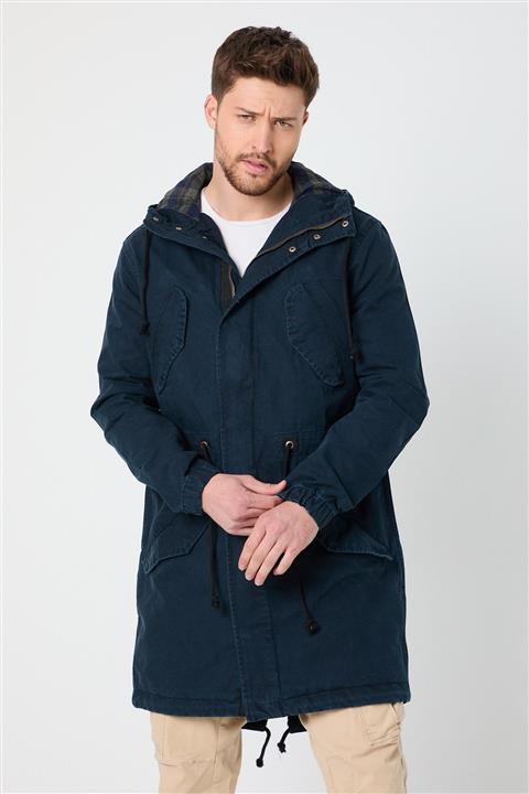 HW Erkek Lacivert Kapüşonlu Cepli Uzun Trençkot