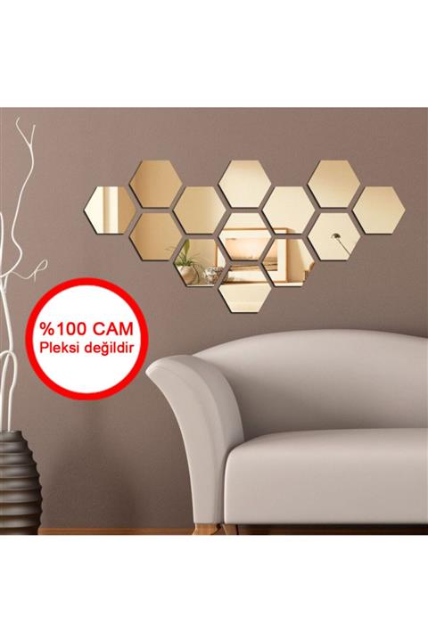 dekonomik Dekoratif Petek Altıgen Cam Duvar Aynası 6 Parça Bronz Dkaa6a