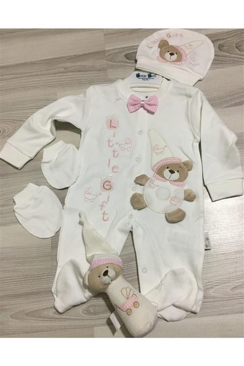 BEYAZ STORE Bebek 4 Lü Sesli Bib Oyuncaklı Papyonlu Tulum Set
