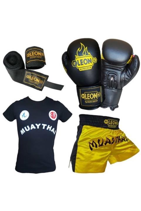 By Leon 1982 Unisex Sarı Blade Boks Eldiveni Muay Thai Şortu Tişört ve Bandaj Seti