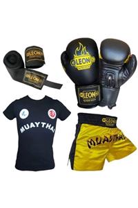 By Leon 1982 Unisex Sarı Blade Boks Eldiveni Muay Thai Şortu Tişört ve Bandaj Seti