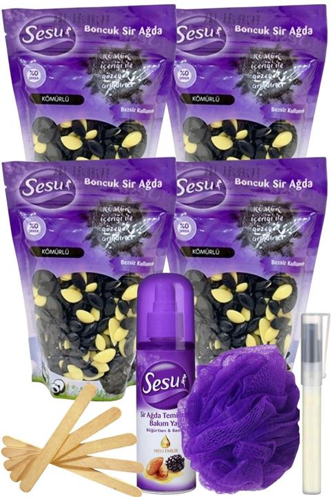 Sesu Kömürülü Inci Boncuk Granül Sir El Ağdası 250gr 4'lü Set + Yağ + Spatula + Lif + Kalemparf