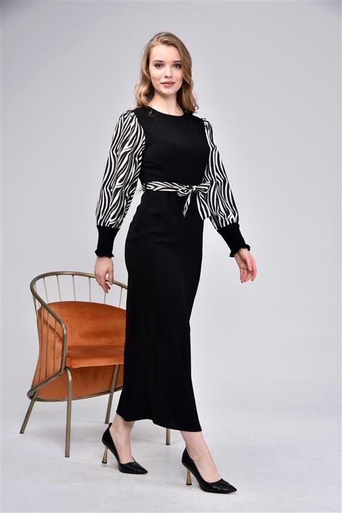 Ferace Kadın Kolu Zebra Desenli Krep Genç Elbise