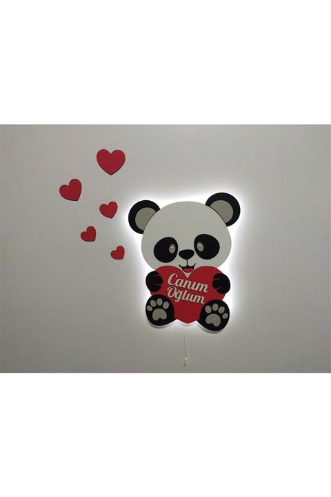 fabrikahşap Canım Oğlum Hediyelik Ahşap Işıklı Kalpli Panda Gece Lambası Ledli Dekoratif Aydınlatma