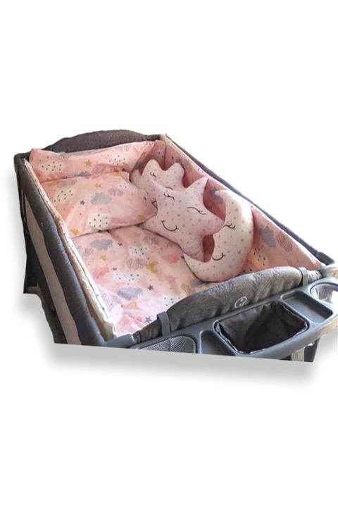 Bebek Özel Pamuklu 70x110 Park Beşik Uyku Seti Somon Pembe Yıldızlı Kız