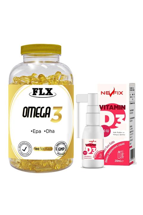 FLX Omega 3 180 Softgel & Nevfix Vitamin D3 Sıvı 20 Ml