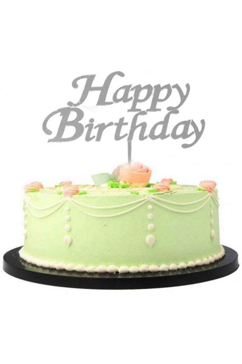 Salkım Party Happy Birthday Yazılı Doğum Günü Partisi Pleksi Pasta Süsü Gümüş Renk