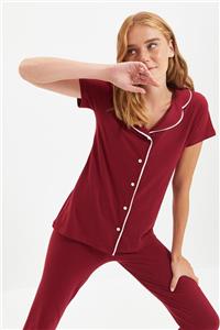 TRENDYOLMİLLA Bordo Biye Detaylı Örme Pijama Takımı THMAW22PT1035