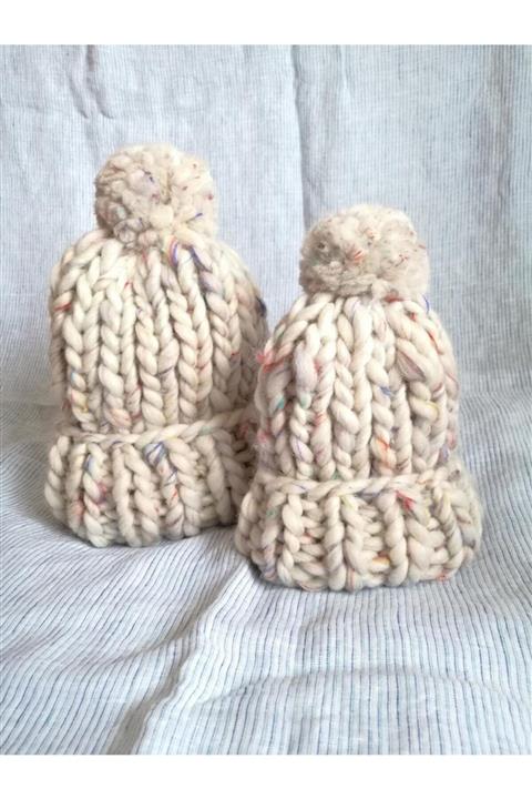 Sihirlihalka %100 Yün El Emeği Bere- Anne Bebek Kombini