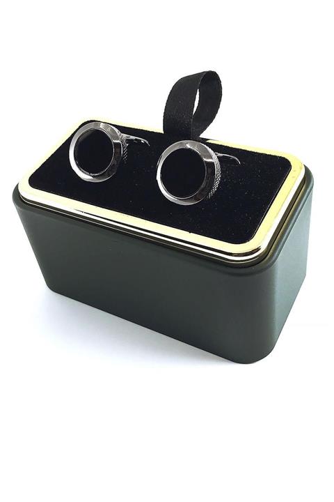 Kravatkolik Füme Renk Siyah Detaylı Yuvarlak Kol Düğmesi Kd1324