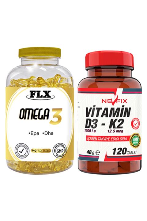 FLX Omega 3 Balık Yağı 90 Softgel & Nevfix Vitamin D3-k2 120 Tablet