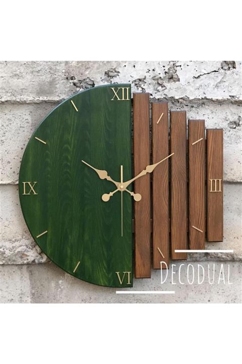 DECODUAL El Yapımı Masif Ahşap Duvar Saati 60x60cm Yağ Yeşili Ve Ceviz