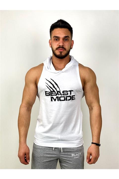 BLACK Erkek Beyaz Beast Mode Kapüşonlu Fitness Atleti