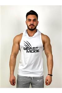 BLACK Erkek Beyaz Beast Mode Kapüşonlu Fitness Atleti