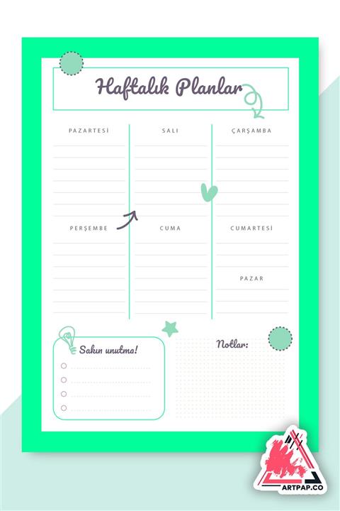 artpap Haftalık Planlayıcı - Günlük Hatırlatıcı Yeşil Renk Planlayıcı Haftalık Defter 15*21cm 50 Yaprak