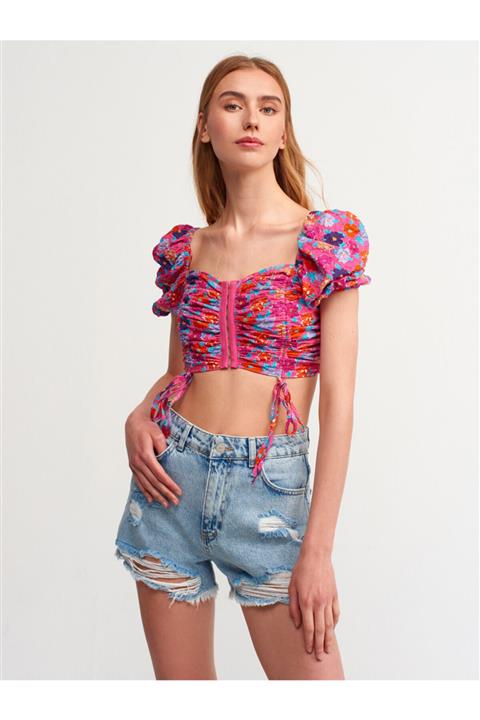 Dilvin 5869 Desenli Crop Top-fuşya
