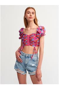 Dilvin 5869 Desenli Crop Top-fuşya