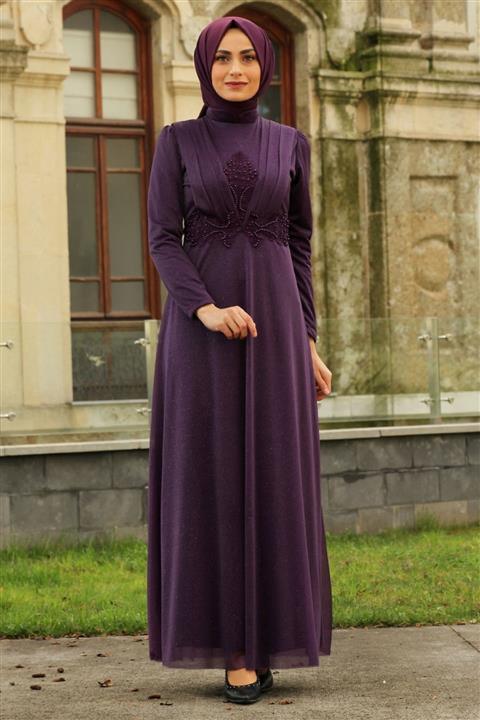 Feiza Collection Nervür Detaylı Simli Tesettür Abiye Elbise - Mor