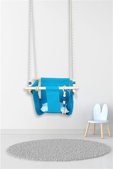 VVS Mavi Oyuncaklı Düz Renk Ahşap Bebek Salıncağı