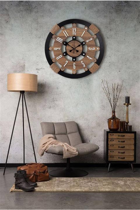 Dekoritim Siyah Saudade Dekoratif Ahşap Halatlı Vintage Rakamlı Duvar Saati 70 cm