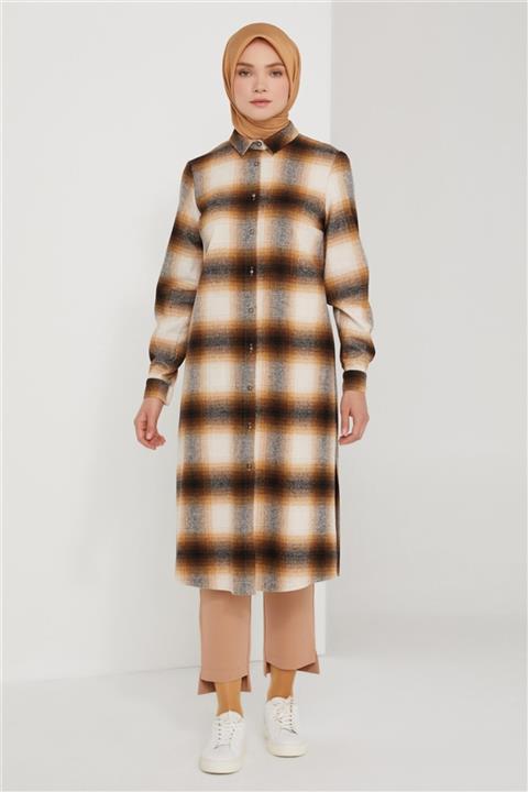 Armine Düğmeli Ekose Tunik Tarçın