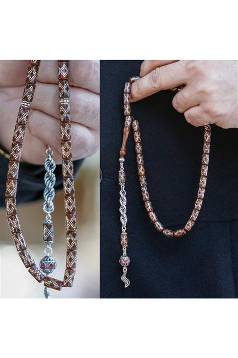 TESBİHCİBABA Kesme Model Gümüş Işlemeli Sıkma Kehribar Tesbih Tb7479