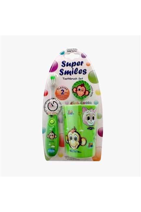 bbrite Çocuk Diş Fırçası Seti Yeşil ( Işıklı Diş Fırçası + Fırça Başlığı + Bardak )
