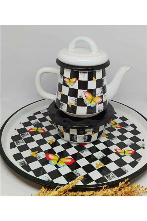 Ünal Ebruliemaye Dama Kelebek Emaye Demlik Seti