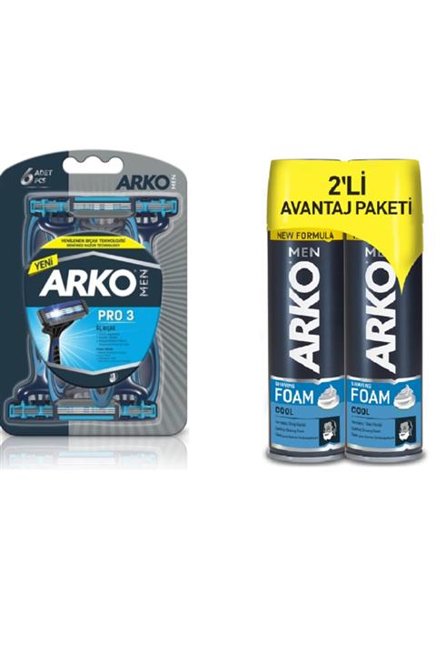 ARKO Men Pro 3 Bıçaklı Tıraş Bıçağı 6'lı + Men Men Tıraş Köpüğü Cool 200 Ml X 2