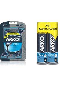 ARKO Men Pro 3 Bıçaklı Tıraş Bıçağı 6'lı + Men Men Tıraş Köpüğü Cool 200 Ml X 2