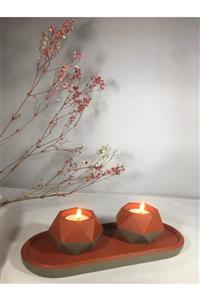 S&D HOME Geometrik Beton Mumluk Set Turuncu Gri 3 Parça Oval Tealight Mumluk