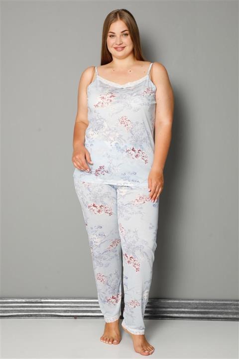 Pijamaevi Mavi Çiçek Ip Askılı Örme Büyük Beden Battal Pijama Takımı