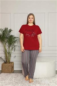 Pemilo Kadın Bordo Büyük Beden Beauty Yazılı Kısa Kol Pijama Takımı -30105-3