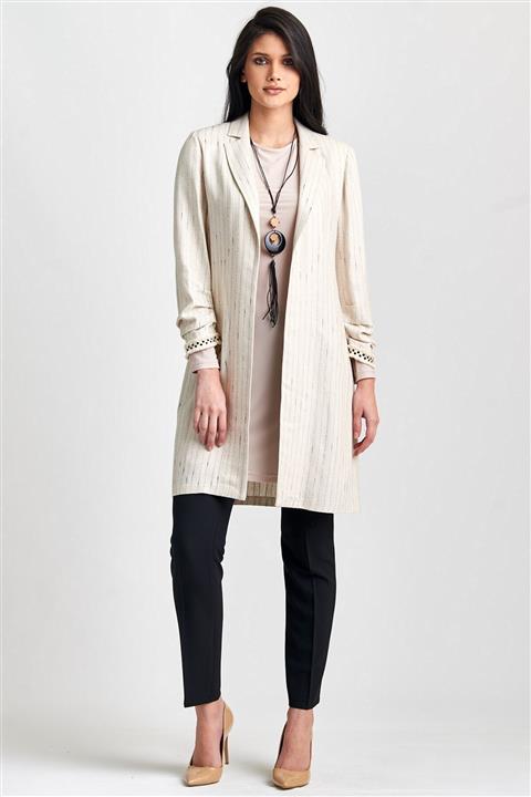 Esswaap Orijinal Kendinden Desenli Naturel Kumaş Ceket - Tunik Takım