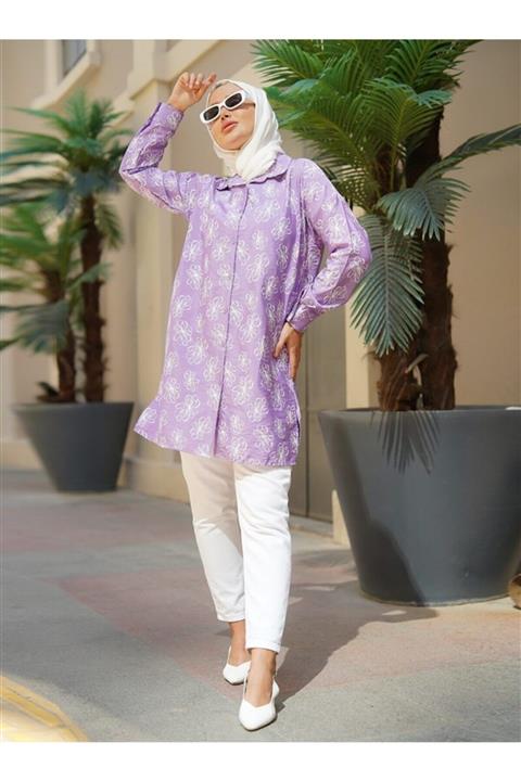 Por La Cara Çiçek Desenli Yandan Yırtmaçlı Gömlek Tunik  Lila