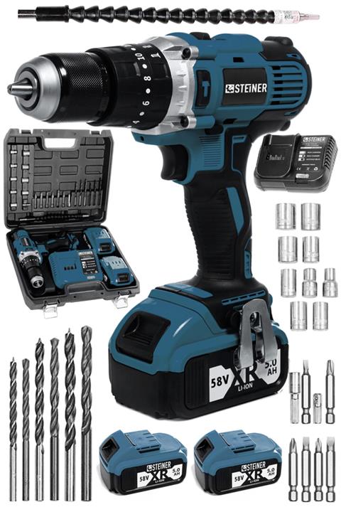 STEİNER Germany Technology Darbeli 13mm 58 V 5 Ah Çift Xr Akülü Şarjlı Vidalama Matkap Darkblue+ Set