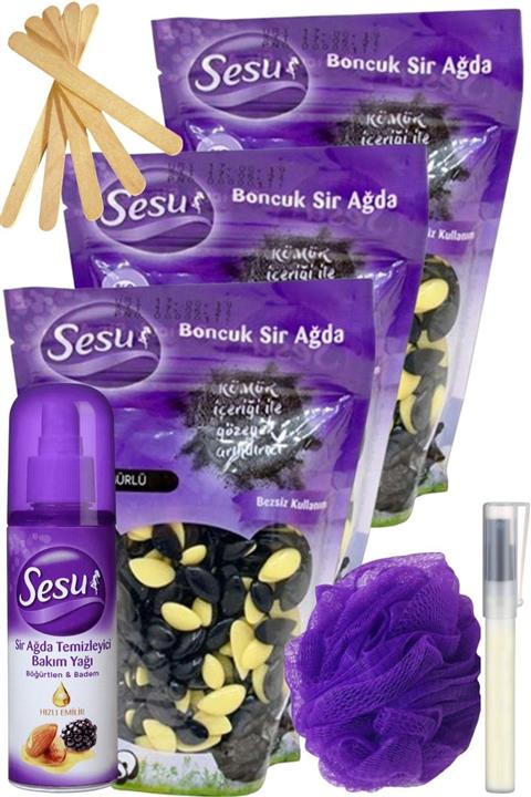 Sesu Kömürülü Inci Boncuk Granül Sir El Ağdası 250gr 3'lü Set + Yağ + Spatula + Lif + Kalemparf