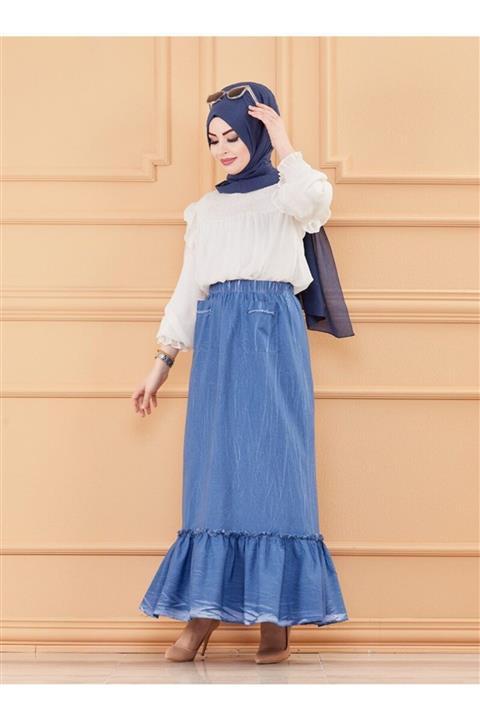TOFİSA Cep Ve Fırfır Detaylı Kot Etek - Indigo -