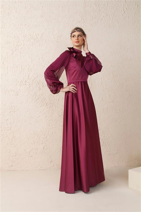 minel aşk Mürdüm Şifon Kollu Saten Abiye