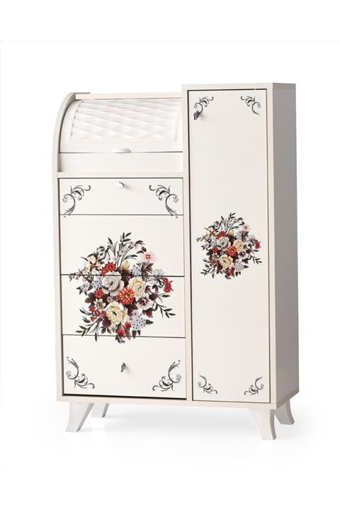 sweet homee Ahşap Bombeli Dolaplı Çekmeceli Demet Desenli Mutfak Kiler Dolabı Büyük Ekmeklik