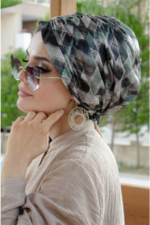 Aişe tesettür Haki Kareli Tokalı Bone