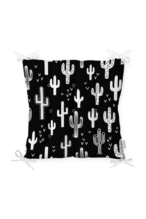 Realhomes Siyah Beyaz Kaktüs Baskılı Pofidik Kare Sandalye Minderi