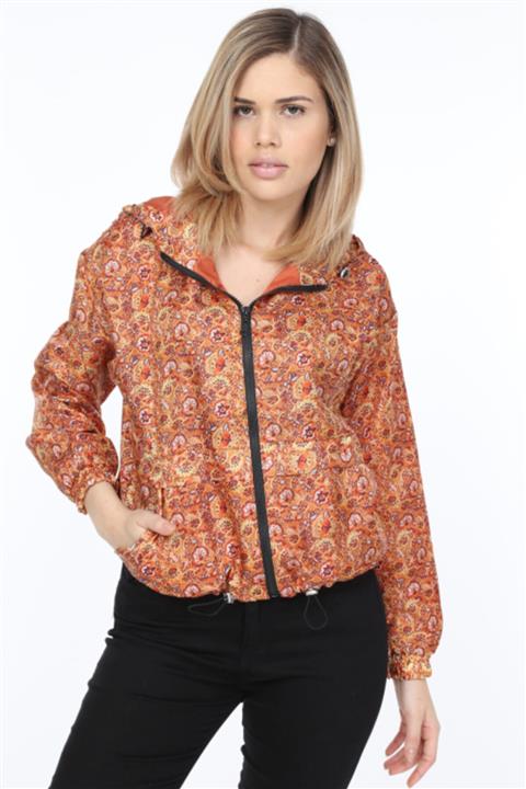 PORİENTO Kadın Turuncu Çiçek Desenli Yağmurluk - 2350