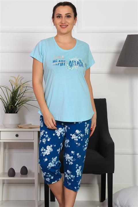 VİENETTA Kadın Turkuaz Kalın Askılı Büyük Beden Penye Suprem Kaprili Pijama Takım