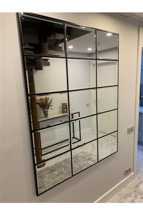 Cotton Siyah Kare Parçalı Rodajlı Ayna 150*150 Cm