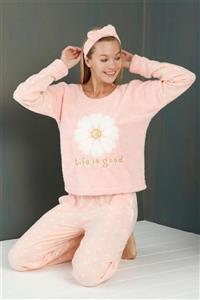 PİJAMAWOME Kadın Açık Pembe Papatya Desenli Polar Peluş Kışlık Pijama Takımı