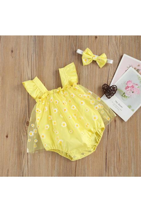 Little Honey Bunnies Sarı Papatya Desenli Tül Romper Ve Kurdele 2'li Set