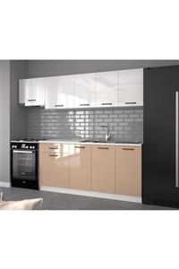 visasconcept 240 Cm Güneş Hazır Mutfak Dolabı Parlak Hıgh-gloss Aspiratör Modüllü Beyaz Ve Cappucino