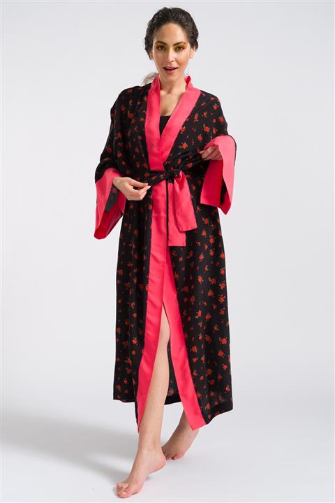 HOELO Kırmızı Çiçekli Siyah Kimono