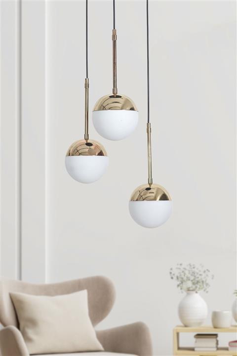 Luzarana Nova 3 Lü Gold-siyah Metal Gövde Beyaz Rengi Camlı Tasarım Lüx Sarkıt Avize